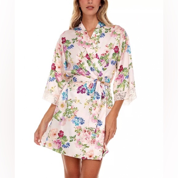 Flora Nikrooz Sabrina Floral Silky Satin Pink Sleep Robe XS NWT - Picture 1 of 3